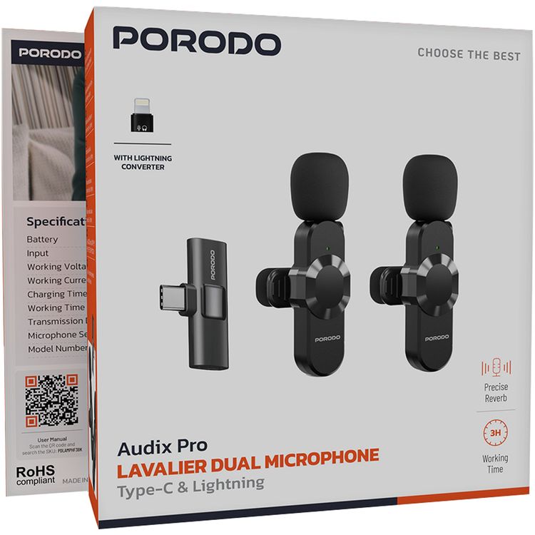 Porodo Audix Pro Dual Lavalier Microphone: Wireless, Auto-Pairing, Type-C & Lightning