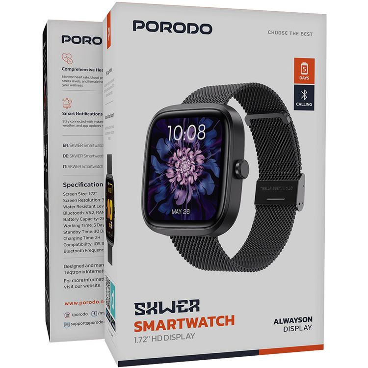 Porodo Skwer Smart Watch: 1.72" HD Display, 5-Day Battery, Health Tracking, Notifications