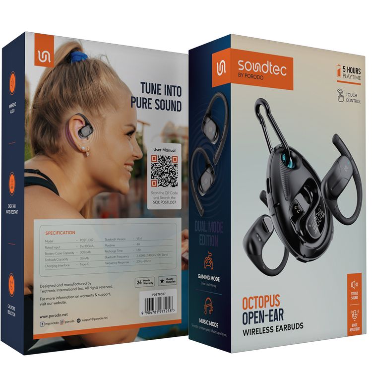 Porodo Octopus Open-Ear Wireless Earbuds: Touch Control, Long Playtime, Sweat Resistant