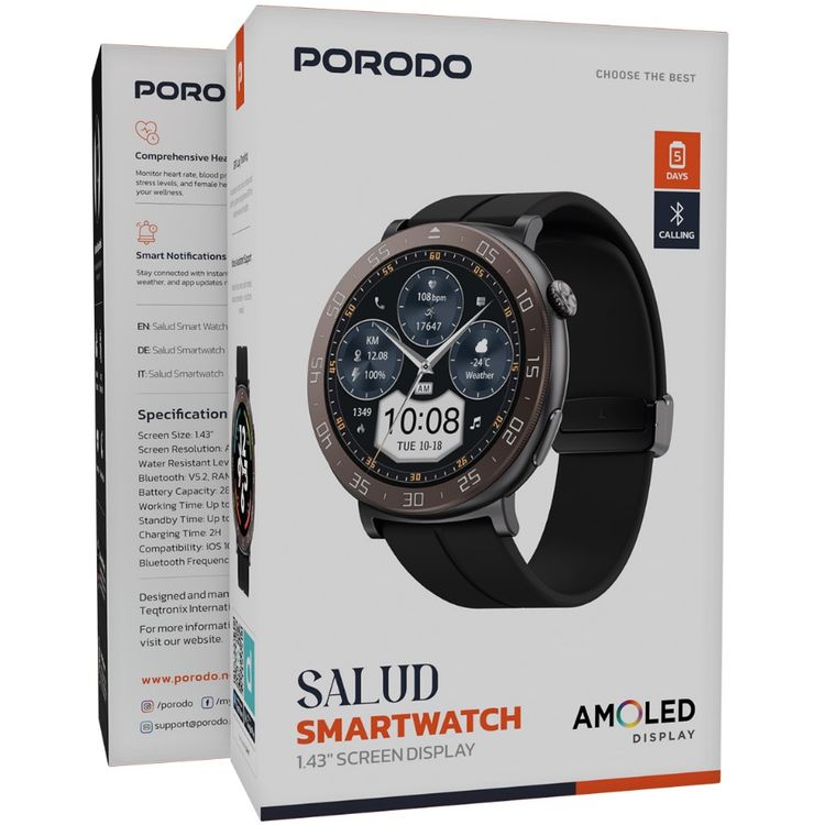 Porodo Salud Smart Watch: 1.43" HD Display, GPS, Health Tracking, Long Battery Life