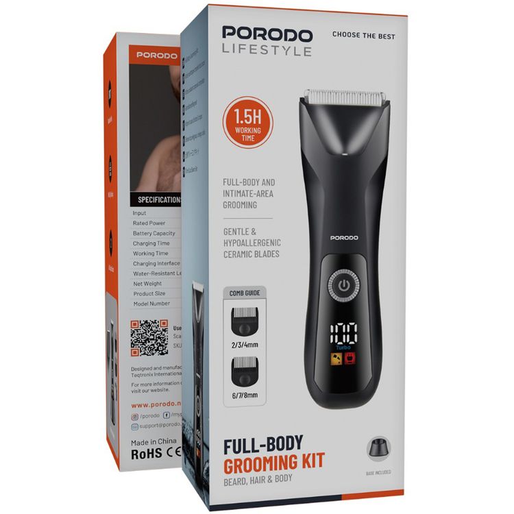 Porodo Lifestyle Full-Body Grooming Kit: Dual Speed, Wet/Dry, Ceramic Blades