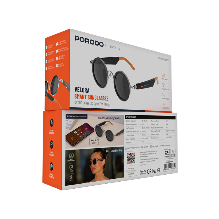 Porodo Velora Smart Sunglasses with Built-in Mic, Dual Stereo, UV400 Protection, 4-Hour Playtime