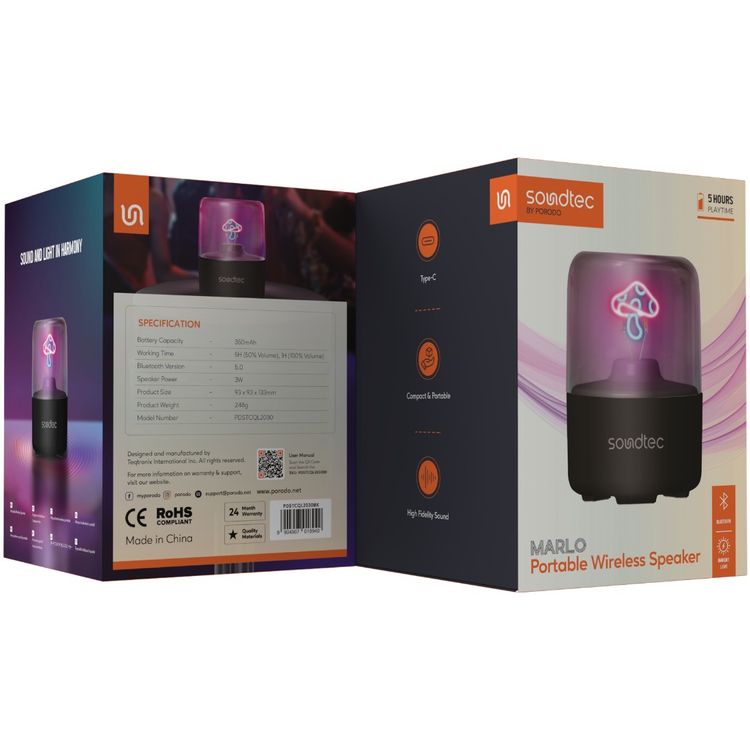 Porodo Marlo Portable Wireless Speaker with Ambient Light, Bluetooth 5.0