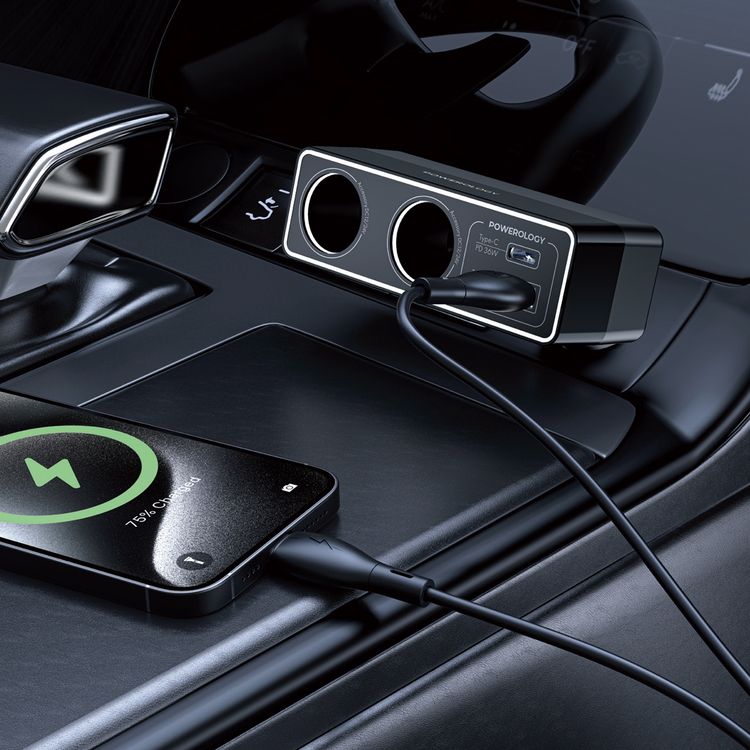 Powerology Brio Multi-Port Car Charger: 54W Total, PD 36W, QC 18W, Dual Lighter Socket