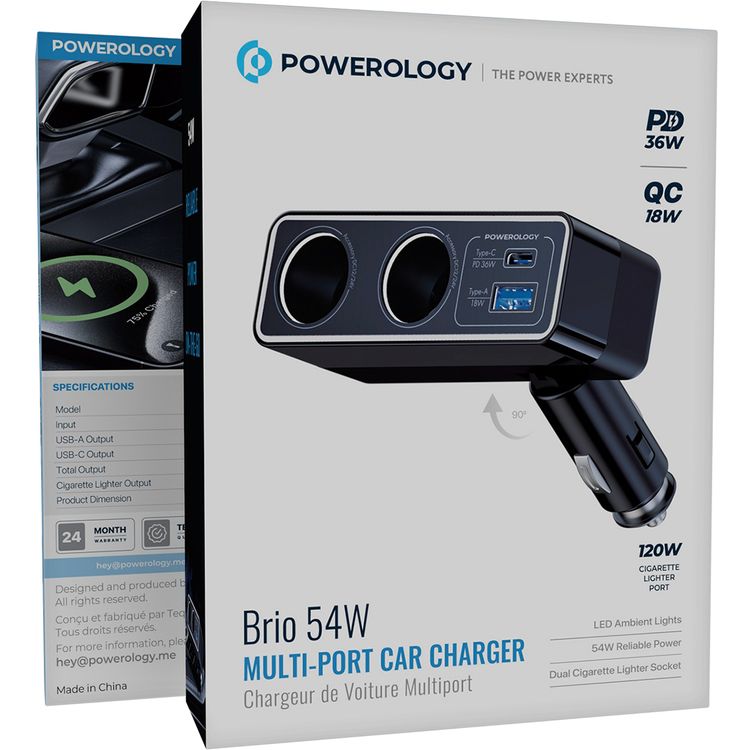 Powerology Brio Multi-Port Car Charger: 54W Total, PD 36W, QC 18W, Dual Lighter Socket