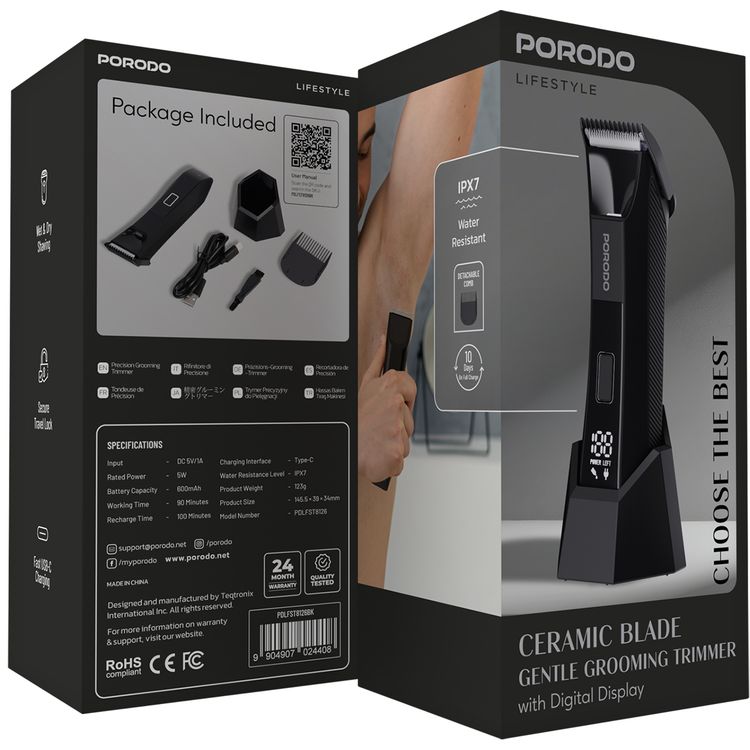 Porodo Gentle Ceramic Blade Trimmer, Digital Display, Wet/Dry Shaving, USB-C