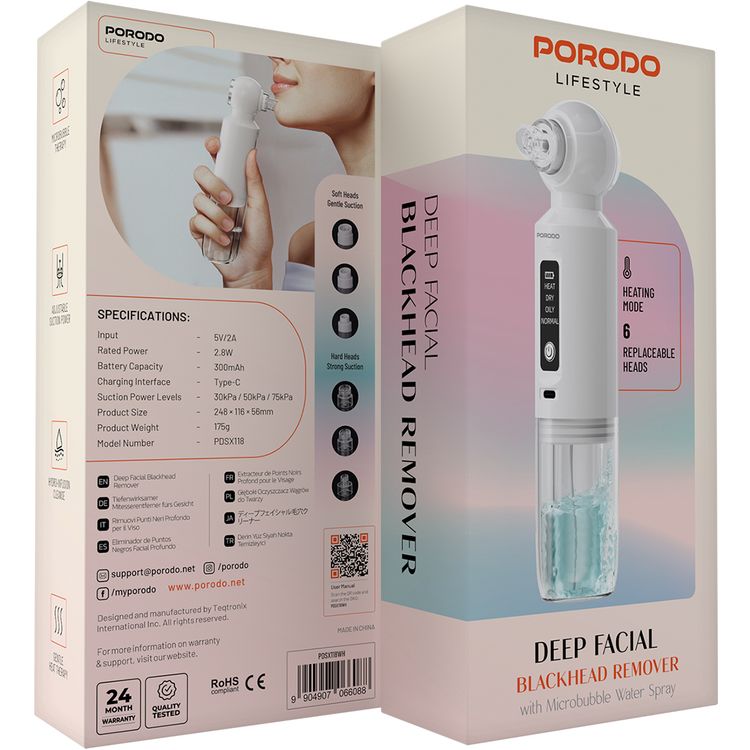 Porodo Deep Facial Blackhead Remover: Microbubble Water Spray, 6 Heads, Adjustable Suction