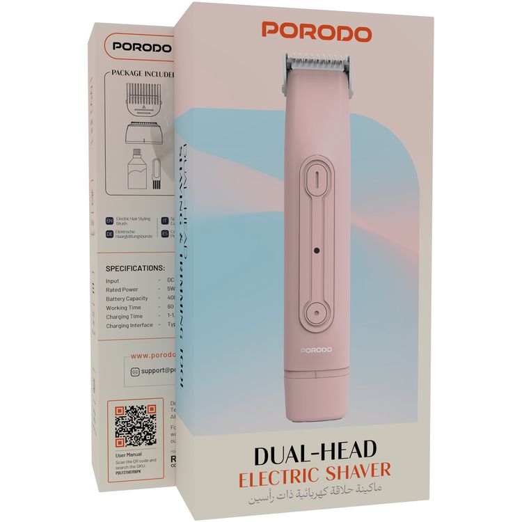 Porodo Dual-Head Electric Shaver: Wet/Dry, Low-Noise, Fast USB-C Charging, Pink