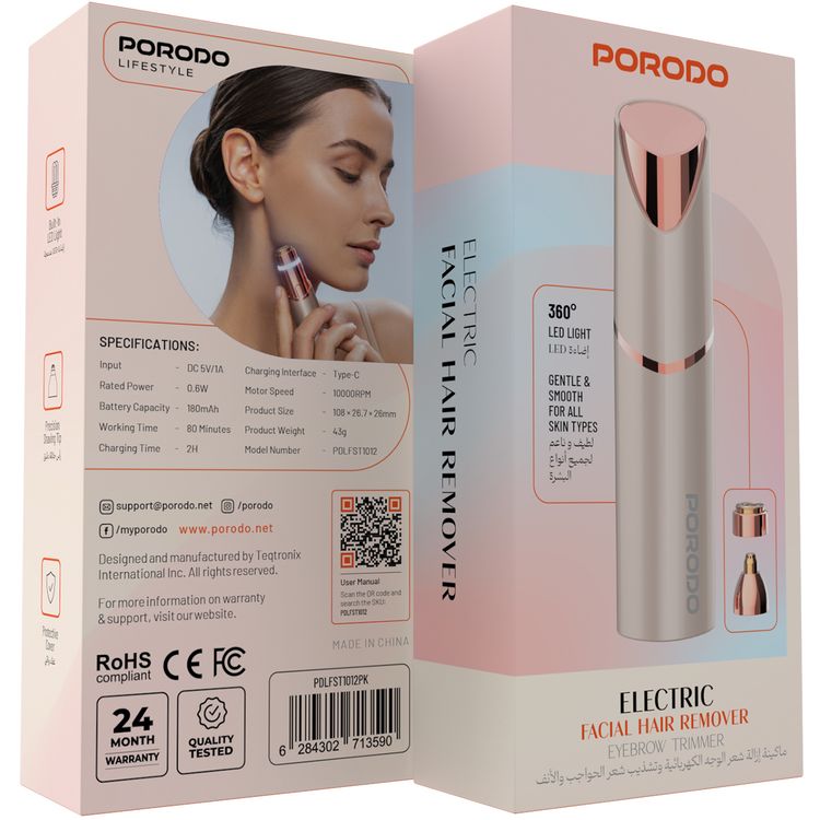 Porodo Electric Facial Hair Remover & Eyebrow Trimmer with 360° LED Light
