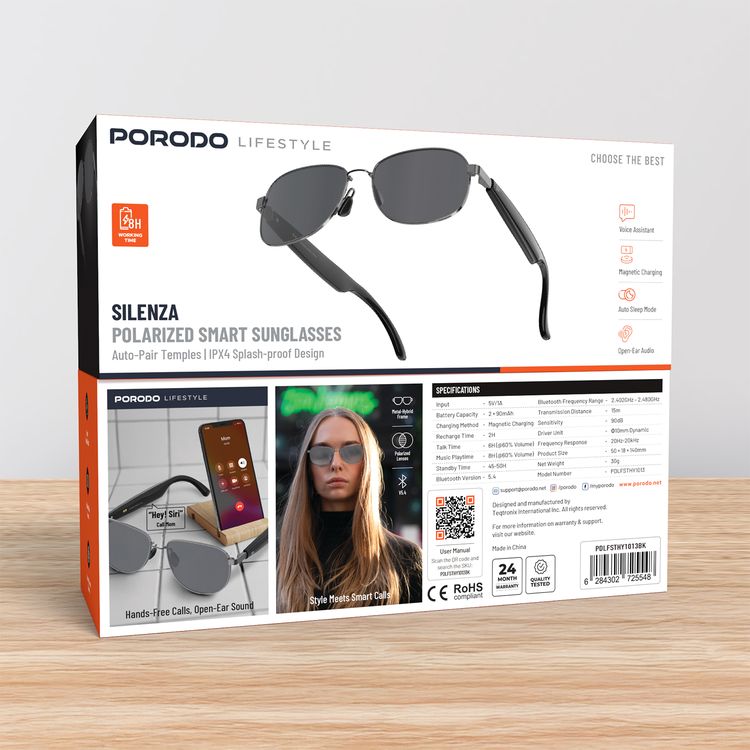 Porodo Silenza Polarized Smart Sunglasses: Touch Control, Voice Assistant, Open-Ear Audio