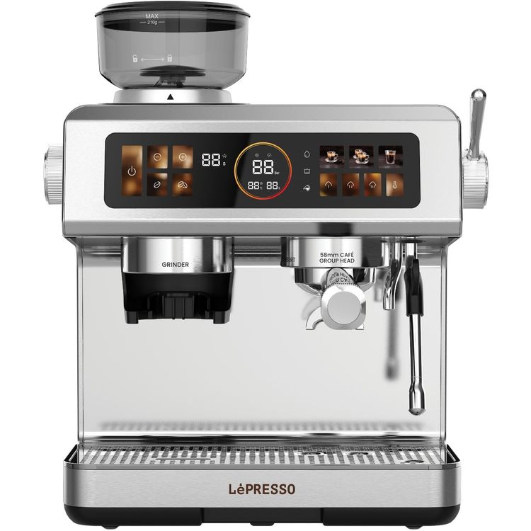 LePresso Semi-Automatic Espresso Machine: 2950W, Dual Boiler, Adjustable Grind, Silver