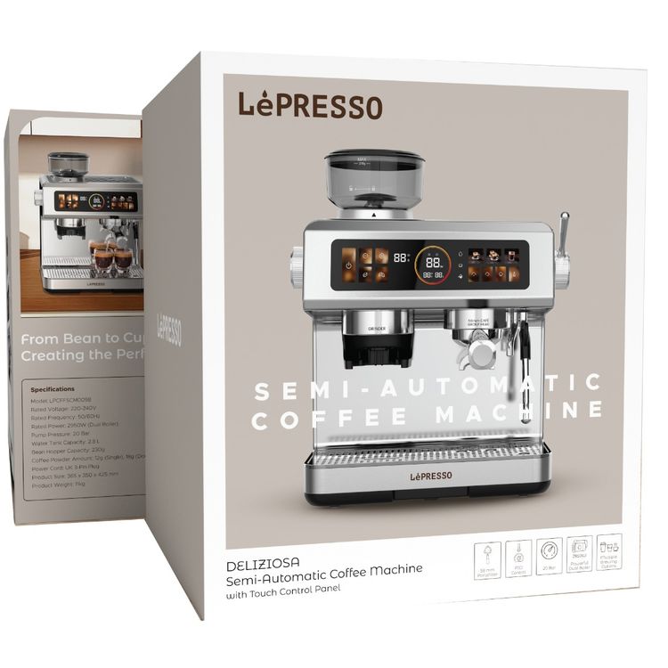 LePresso Semi-Automatic Espresso Machine: 2950W, Dual Boiler, Adjustable Grind, Silver