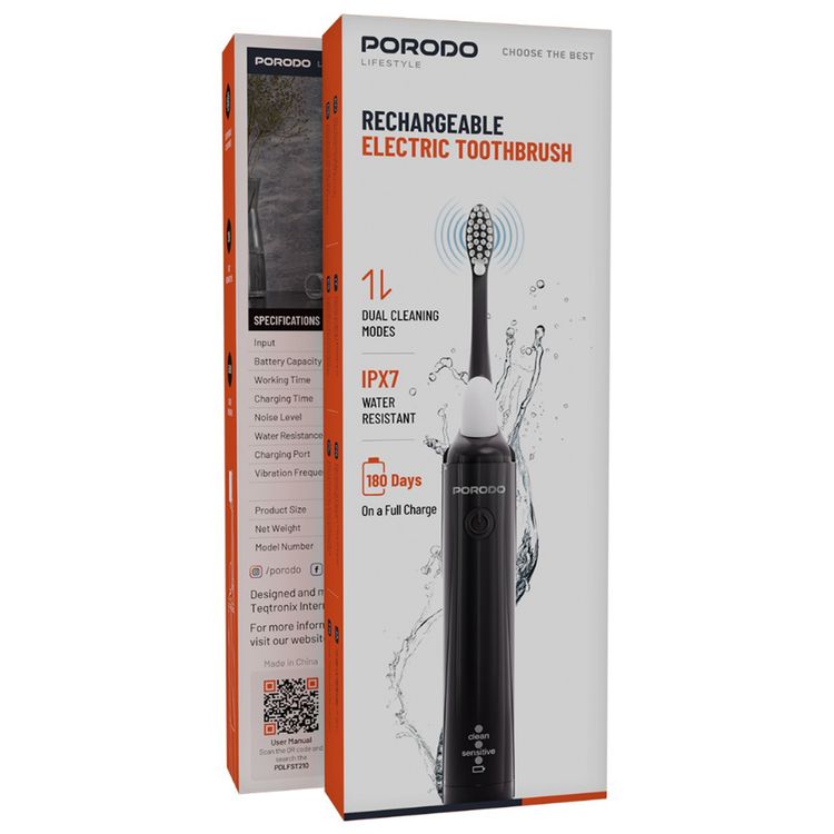 Porodo Rechargeable Electric Toothbrush: Dual Modes, 180-Day Battery, Fast USB-C Charging