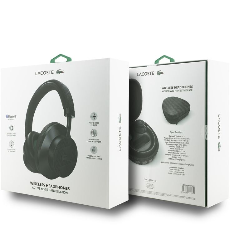 Lacoste Wireless Headphones with ANC, 70-Hour Battery, Voice Assistant, Black