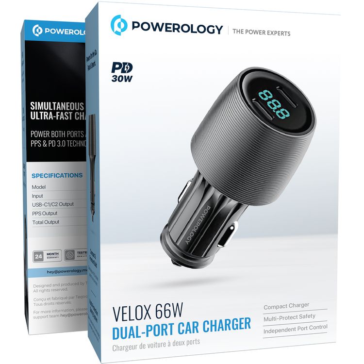 Powerology Velox 66W Dual-Port USB-C Car Charger Fast Charging Adapter