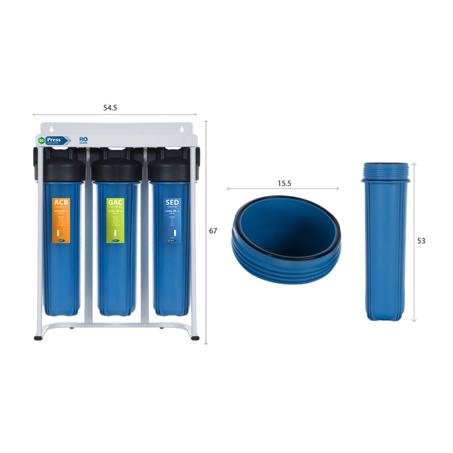 O2press Jumbo 3-Stage Whole House Water Filtration System Blue OPJ-3s