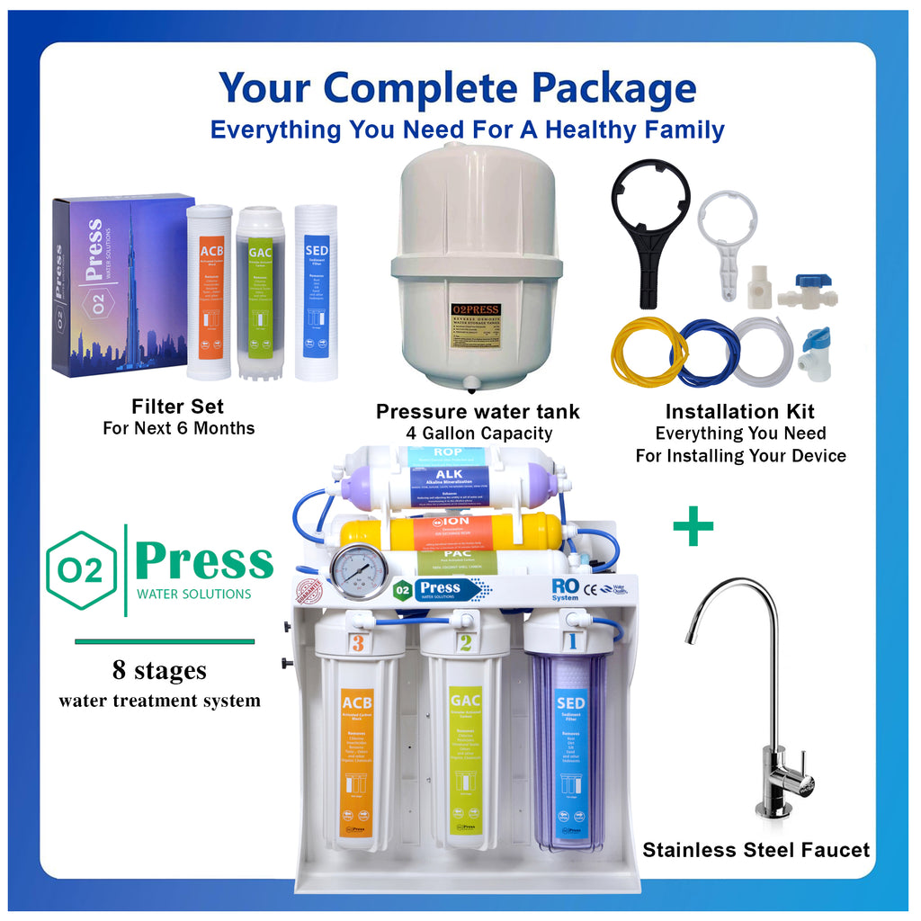O2press 8-Stage Alkaline RO Water Purifier System with Membrane Protection